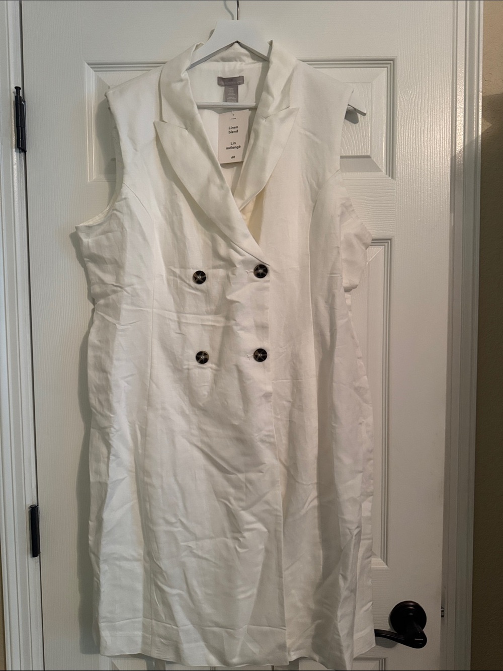 H&M White Linen Sleeveless Double-Breasted Midi Dress
